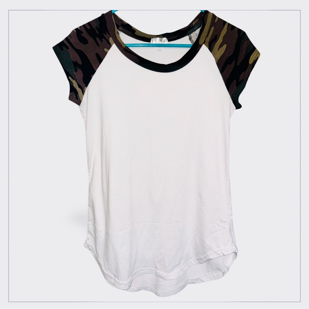 Orange Kiss White Stretchy Babseball Tee W/ Camo Sleeves